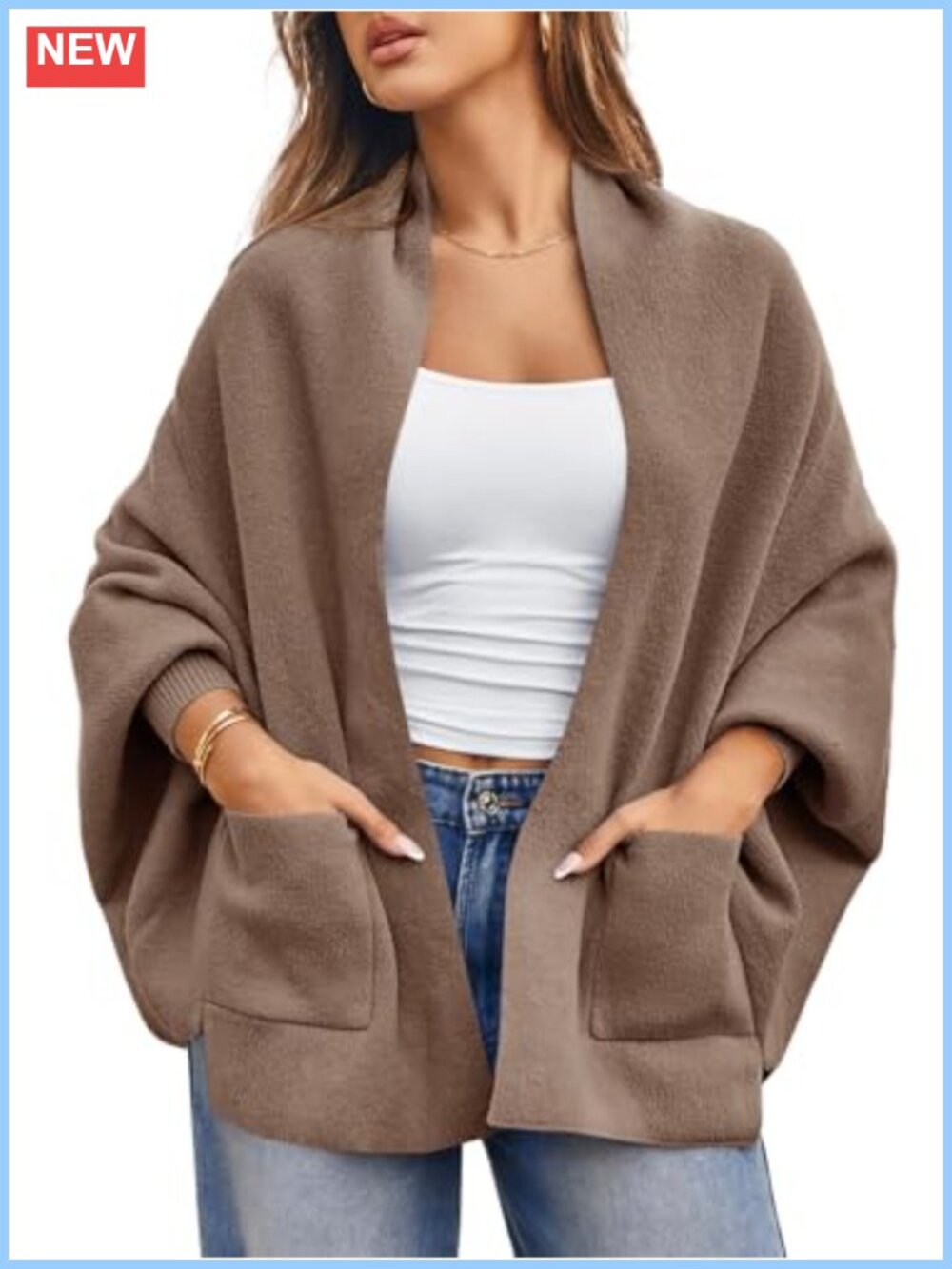 Open Front Batwing Long Sleeve Shawl Collar Chunky Knit Poncho Sweater Cardigan